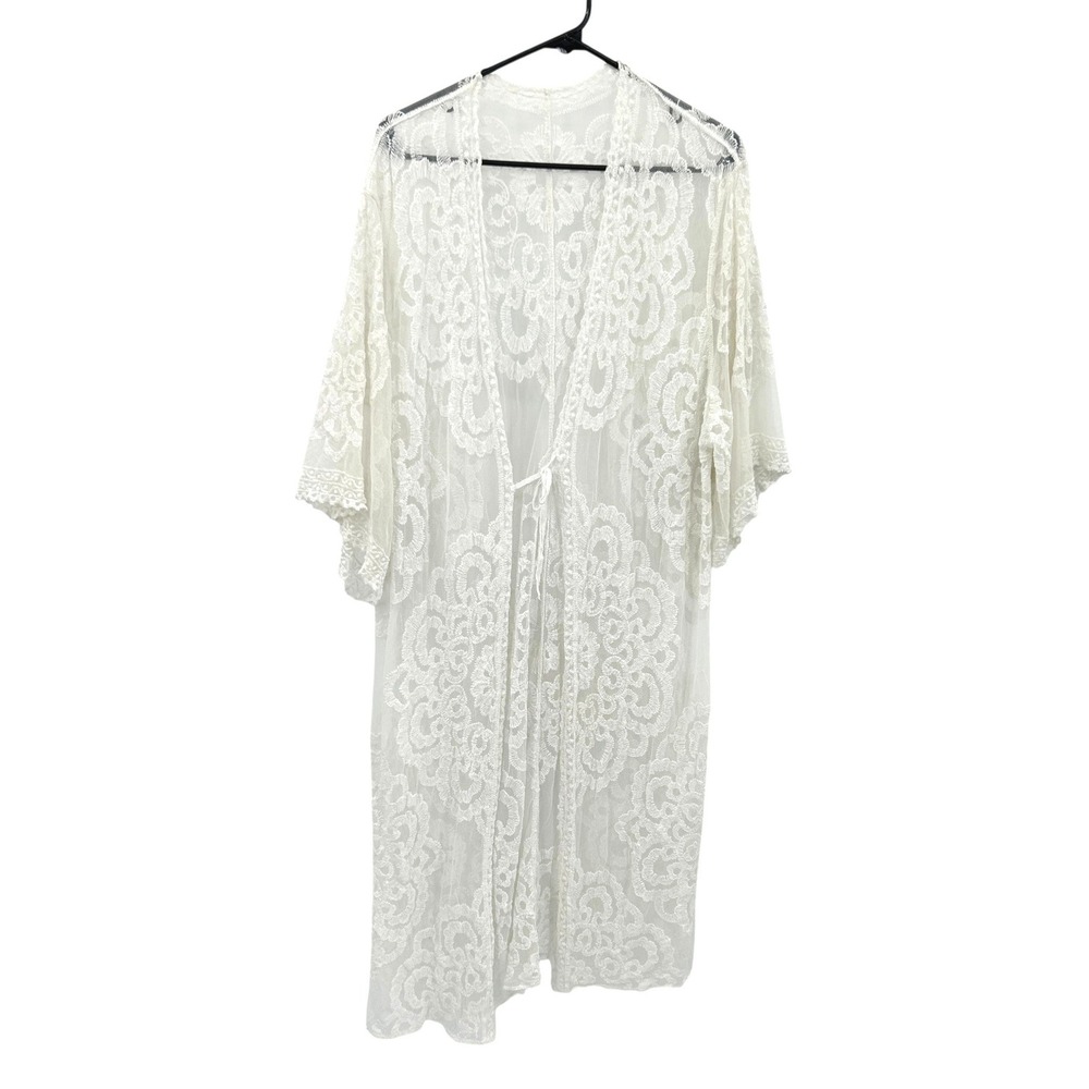 Boho Lace Kimono Cover Up White Sheer Cardigan Etherial Festival Beach Resort OS